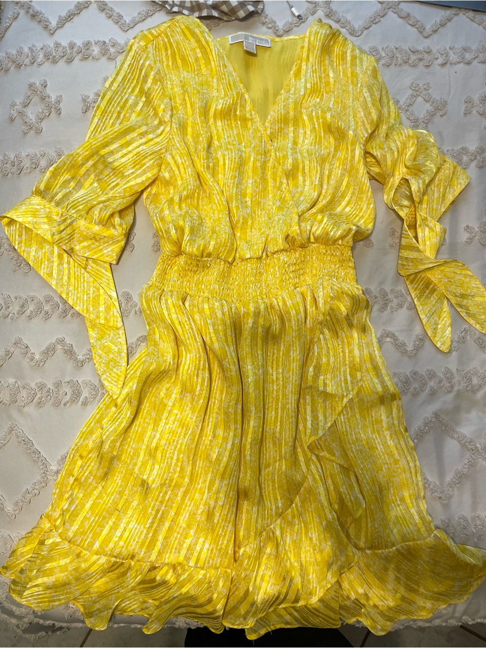 Michael Kors Yellow V-Neck Midi Dress with Ruffle Hem